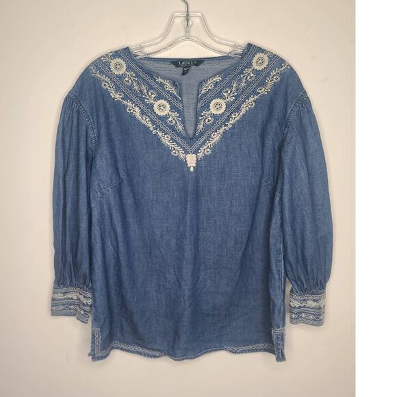 Ralph Lauren LRL denim embroidered boho v-neck long sleeve blouse - XS - Picture 1 of 7